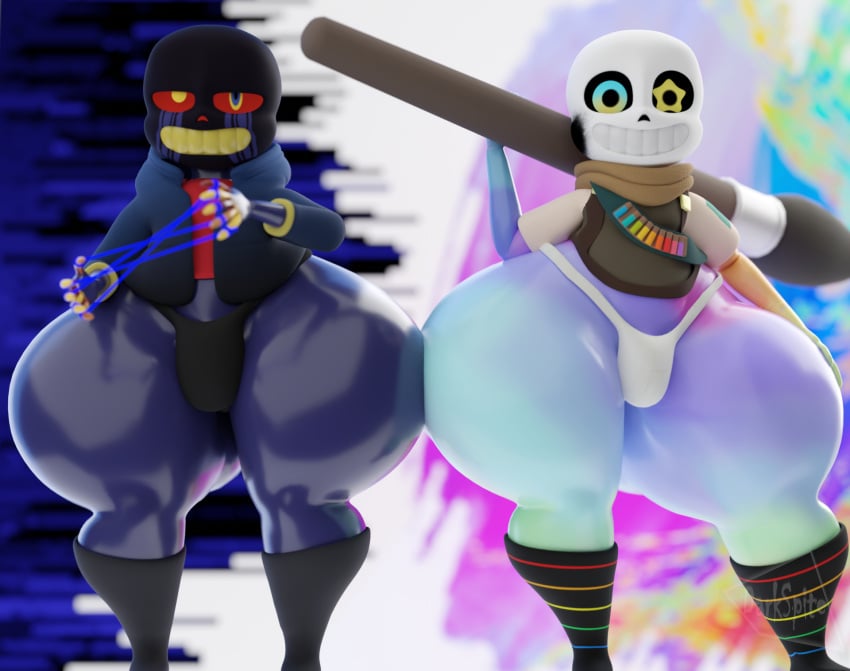 3d 3d_(artwork) big_hips big_thighs colored_skin darkspite detailed_background duo error_sans_(fan_character) frowning_at_viewer heterochromia hoodie ink_sans_(fan_character) looking_at_viewer male_only massive_thighs paint_brush rainbow_skin red_eyes sans_au smiling_at_viewer star_shaped_pupils strings thighhighs thong undertale undertale_au