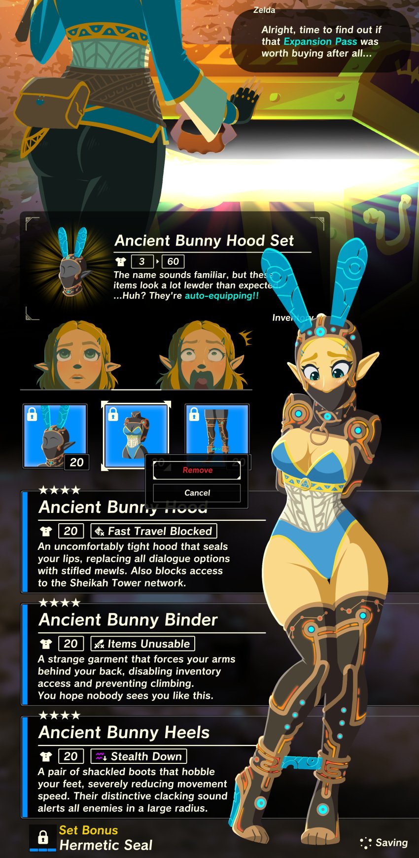 1girls armbinder arms_behind_back awkward bad_end blonde_hair bondage boxbinder breasts breath_of_the_wild bunny_costume bunny_ear bunny_ears bunnysuit cleavage clothed clothes clothing costume curse cursed_clothing cursed_item english_text female female_only fully_clothed gag gameplay_mechanics heels high_heels humiliation item_description knees_together_feet_apart leotard lingerie nintendo on_model pale_skin permanent_bondage predicament_bondage princess_zelda public_humiliation solo stiletto_heels tears_of_the_kingdom text the_legend_of_zelda thighhighs thighs tiptoes trapped very_high_heels wide_hips wossarem zelda_(tears_of_the_kingdom)
