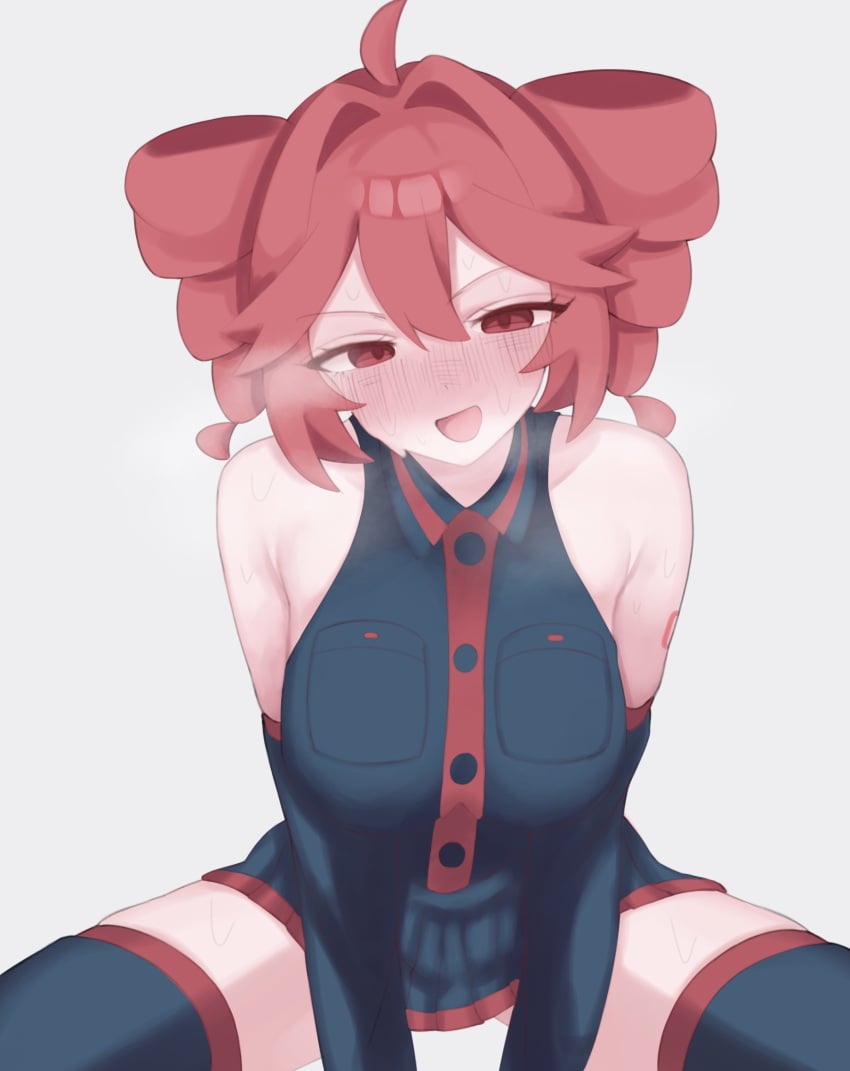 1girls 2d 2d_(artwork) absolute_territory ahoge bare_shoulders big_breasts breasts clothed clothed_female clothing detached_sleeves female female_only fully_clothed horny horny_female kasane_teto large_breasts open_mouth red_eyes red_hair skirt smirk solo solo_female steam steamy_breath thick_thighs thighhighs thighs twin_drills ur_(ur_o_) utau white_background