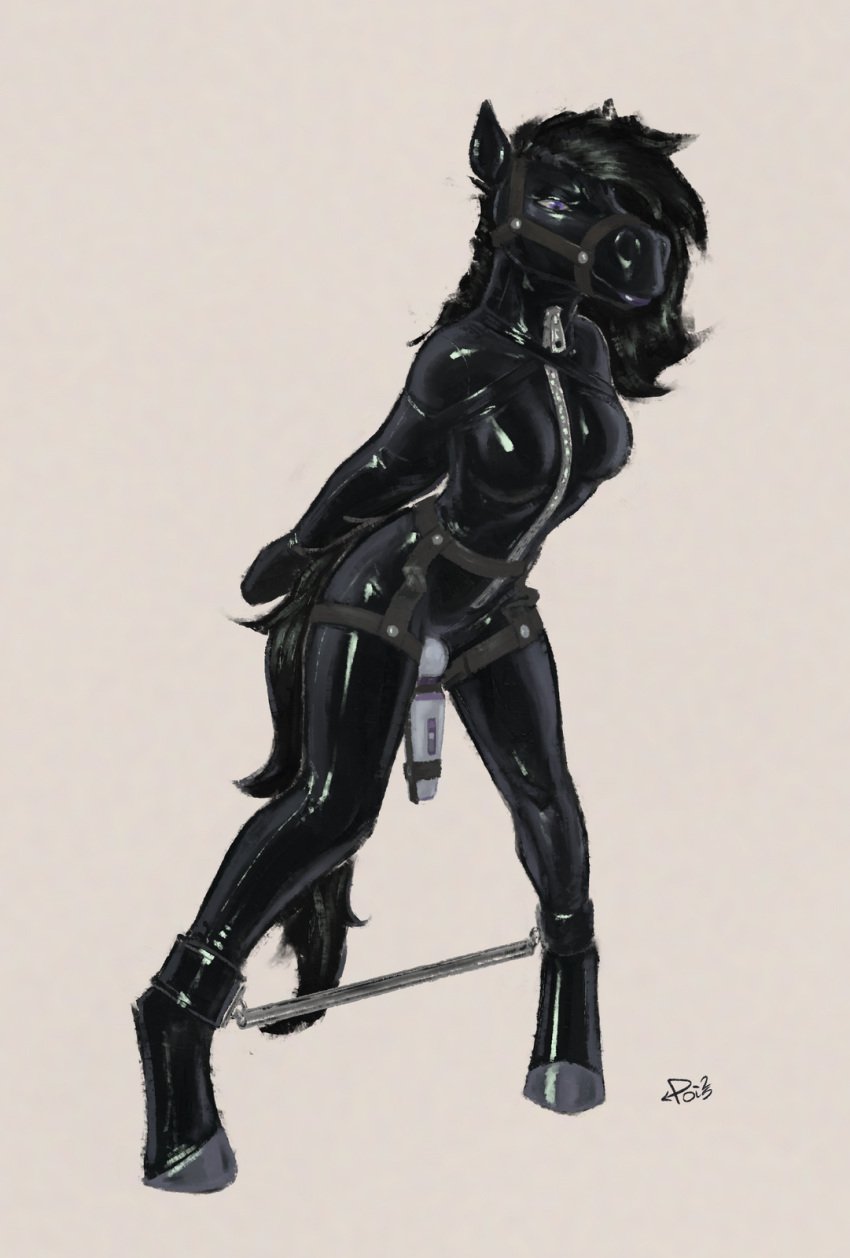 anthro armbinder bondage bound bound_arms breasts clothing equid equine female hands_behind_back hi_res horse latex latex_clothing latex_skinsuit mammal poiuytrew restraints sex_toy simple_background skinsuit solo spreader_bar standing tan_background tight_clothing vibrator vibrator_on_pussy wand_vibrator zipper