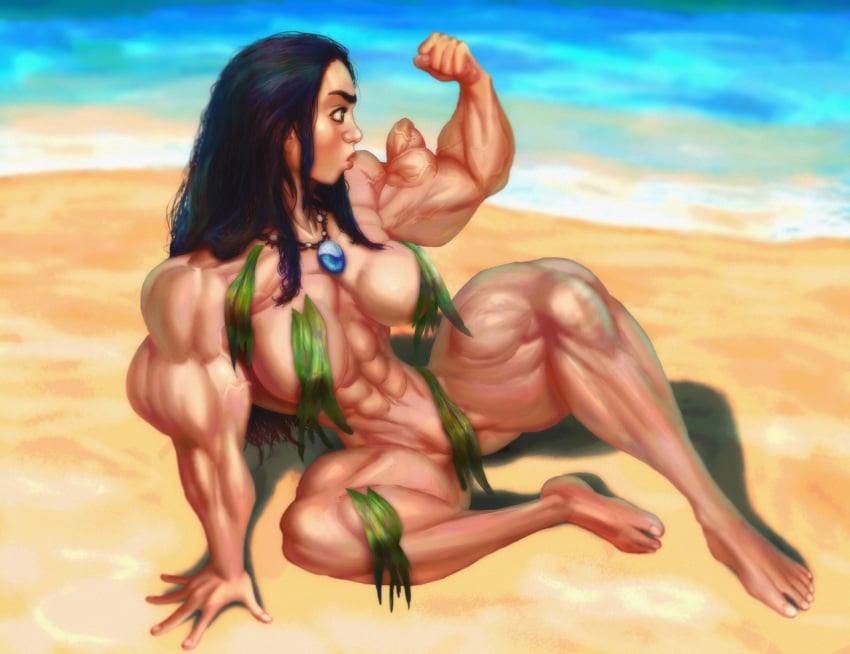 abs beach biceps black_hair breasts disney extreme_muscles female flexing hyper_muscles jugie long_hair moana moana_waialiki muscles muscular muscular_female nude pumpfactory solo