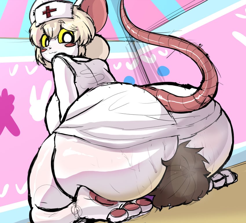 absurd_res anthro ass babyhunt4 big_butt black_eyes blonde_hair blush bodily_fluids bottom_heavy breasts butt_smother claws clothing dominant dominant_female duo facesitting female fur hair hat headgear headwear hi_res human lorna_(terrible_mouse) male male/female mammal mouse murid murine nurse nurse_clothing nurse_headwear pawpads paws rat rodent sitting_on_another smile smothering stinkface sweat sweaty_butt tail terrible_mouse white_body white_fur yellow_eyes
