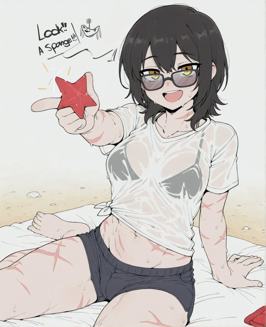 :d ai_assisted ai_generated arm_support bangs barefoot beach bikini black-framed_eyewear black_bikini black_hair black_shorts blush breasts english_text female glasses holding looking_at_viewer looking_over_eyewear looking_over_sunglasses medium_breasts medium_hair midriff navel open_mouth sand scar scar_on_arm scar_on_stomach scars see-through see-through_shirt shirt short_hair short_shorts short_sleeves shorts sitting smile solo sondu starfish sunglasses swimsuit t-shirt teeth tied_shirt tinted_eyewear tomboy underwear wet wet_clothes wet_shirt white_shirt wolf_cut yellow_eyes
