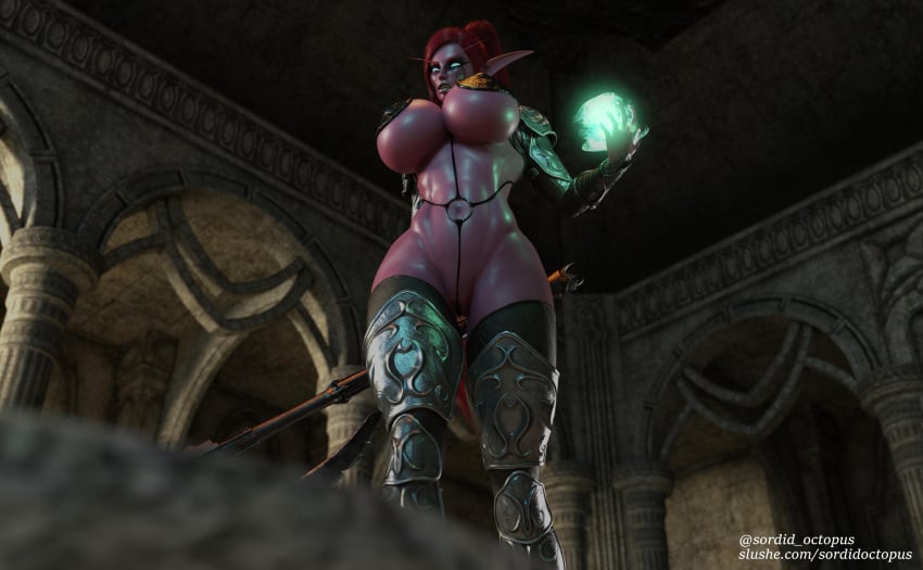 3d 3d_(artwork) aetyra_irsidal armor armored_female death_knight death_knight_(warcraft) glowing_eyes night_elf night_elf_death_knight night_elf_female purple_body purple_skin purple_skinned_female red_hair red_hair_female sordidoctopus warcraft world_of_warcraft