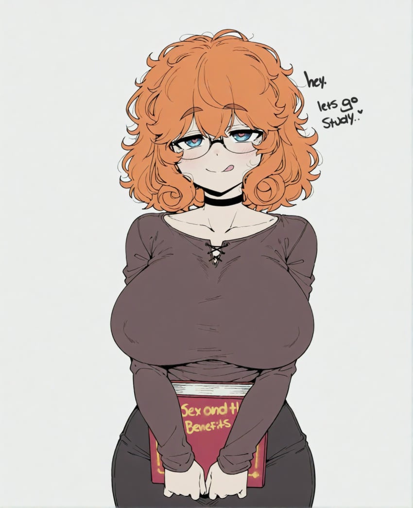 :q ai_assisted bangs black_choker blue_eyes blush book breasts brown_shirt choker collarbone covered_nipples curly_hair english_text female glasses grey_background heart heart-shaped_pupils holding holding_book huge_breasts large_breasts long_sleeves looking_at_viewer medium_hair messy_hair naughty_face orange_hair shirt short_hair simple_background smile solo sondu symbol-shaped_pupils thick_eyebrows tongue tongue_out