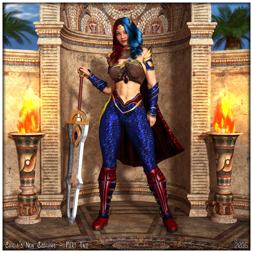 1girls 3d bare_shoulders becarra big_breasts blue_eyes blue_hair boots bra bracer busty cape choker cleavage cosplay curia curvy dc dc_comics detailed_background english_text eyelashes female female_only flame front_view holding_object hourglass_figure human long_hair looking_at_viewer midriff multicolored_hair nail_polish outdoor outside pants pose posing red_eyes red_hair rope shadow shiny shiny_skin shoulder_pads solo standing superheroine sword text thick_thighs thumb_ring tiara torch voluptuous weapon wide_hips wonder_woman_(cosplay) wonder_woman_(series)