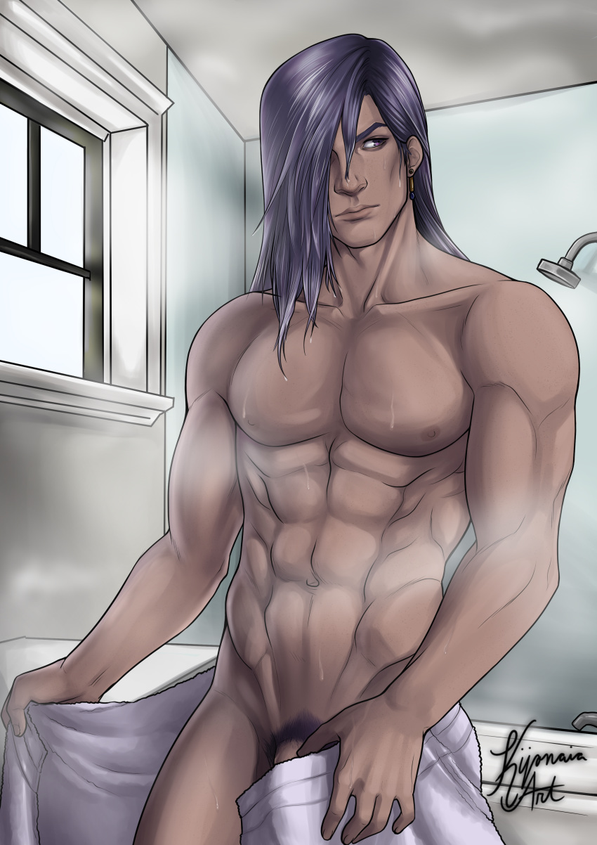 1boy bathroom caius_ballad censored collarbone final_fantasy final_fantasy_xiii final_fantasy_xiii-2 gay kijiart kijonaiaart lightning_returns:_final_fantasy_xiii long_hair muscle nude penis purple_hair purple_pubic_hair shower solo tall tan tub wet