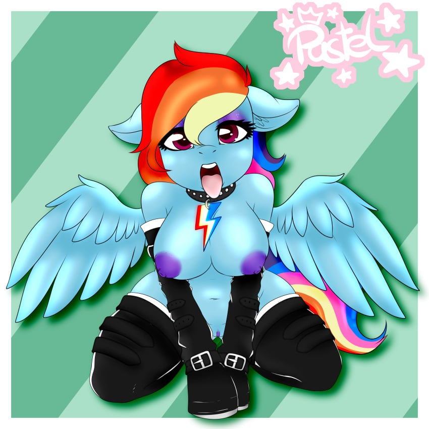 2018 absurdres anthro areola armwear blue_feathers bondage border bound breasts collar cutie_mark equine erect_nipples eyelashes eyeshadow feathered_wings feathers female floppy_ears friendship_is_magic furry highres hoof_gloves kneeling large_breasts looking_at_viewer makeup mammal mascara multicolored_hair my_little_pony navel nipples nude open_mouth pastel-pony-princess pattern_background pegasus pet_tag petplay purple_areola purple_eyes pussy rainbow_dash_(mlp) rainbow_hair roleplay rubber simple_background solo spread_wings star submissive submissive_female teal_background teeth text thighhighs tongue tongue_out white_border wings