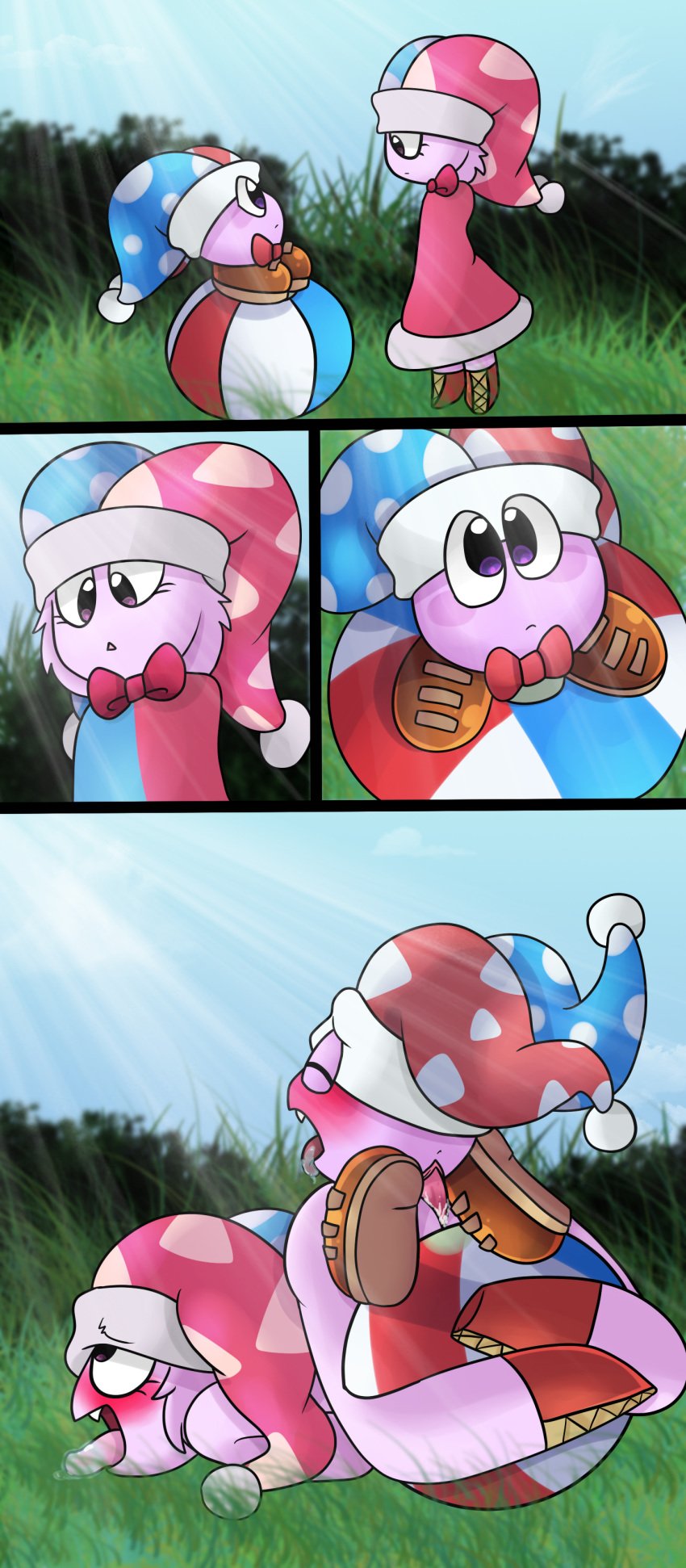 1boy 1girls alternate_species ambiguous_penetration anus ass blush bow_tie clothed clothing comic cum detailed_background female hat humanoid humanoidized kirby_(series) male marx nintendo open_mouth open_smile penetration penis purple_eyes rule_63 selfcest sex smile square_crossover straight tongue tongue_out video_games waddling_head yoshimister