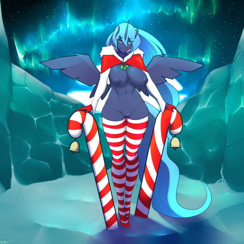 alicorn anthro breasts candy candy_cane christmas clothing da3rd equine female food footwear friendship_is_magic holidays horn legwear mammal my_little_pony nipples princess_luna_(mlp) pussy shoes solo standing thigh_highs wide_hips wings