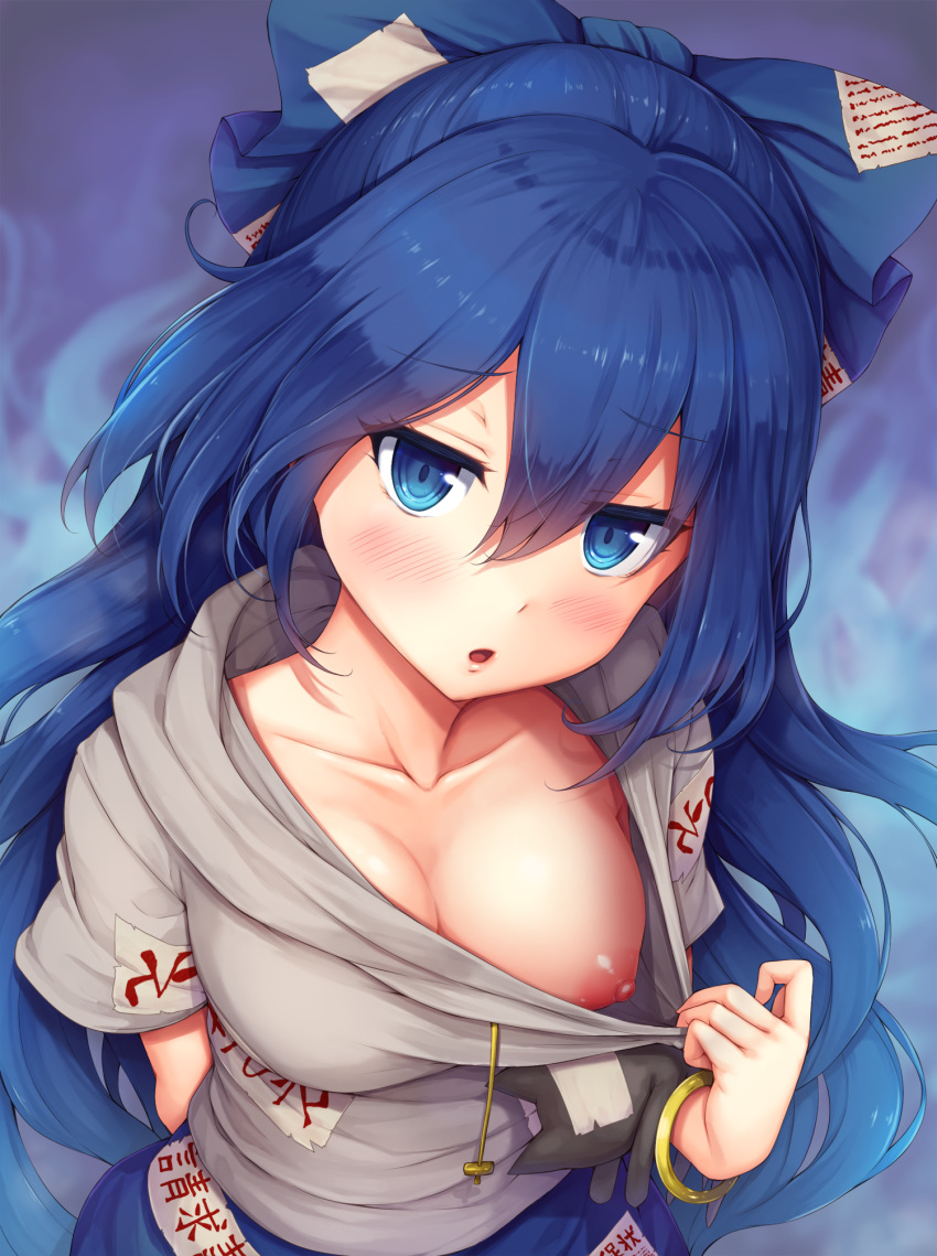 1girls areolae bçue_hair blue_eyes blush bracelet breasts clavicle exposed_breasts female female_only hair_ribbon hand_behind_back hood looking_at_viewer nipples open_mouth seal shion_yorigami shirt_tug snowcanvas solo talisman touhou very_long_hair