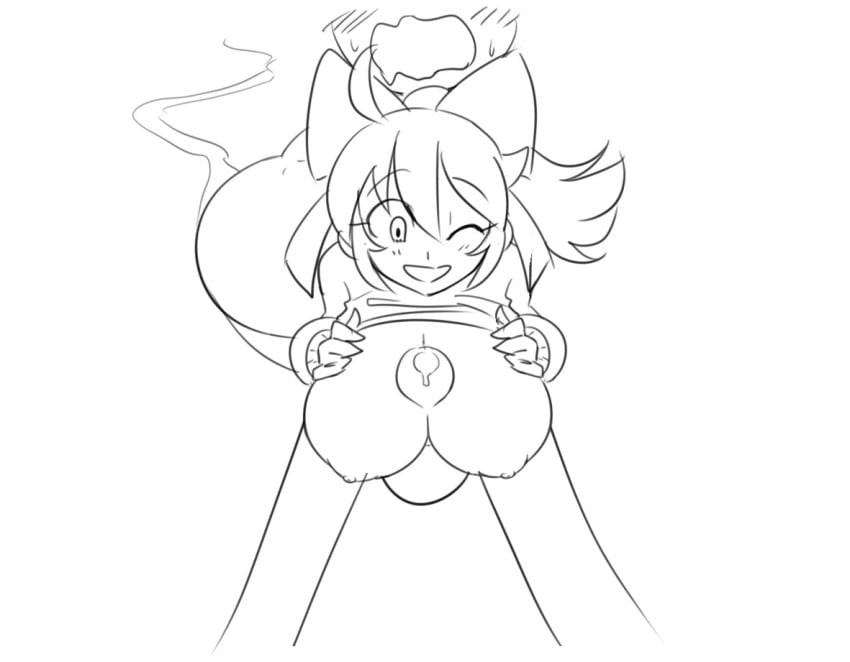 big_breasts breast_hold breasts cum female ghost marina_(noill) monochrome noill original original_character penis smile