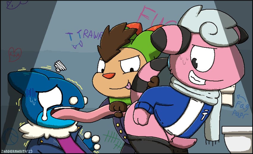 2023 2d_animation anal animated anthro artist_name ass bathroom black_body black_fur blinking blue_body bottomwear bottomwear_down breath brown_body brown_hair closed_eyes clothed clothed_anthro clothed_male clothing dated digital_media_(artwork) dipstick_ears ear_markings erection flaaffy forced forced_rimming frogadier fur generation_2_pokemon generation_6_pokemon genitals graffiti graffiti_on_wall green_body grey_eyes group group_sex hair hand_on_butt hand_on_own_butt hand_on_tail hi_res holding_tongue long_tongue looking_at_another looking_back looking_down looking_pleasured male male_only multicolored_ears nintendo open_mouth oral pants pants_down paralysis partially_clothed penis pink_body pink_fur pixel_(artwork) pixel_animation pokemon pokemon_(species) public_restroom quilladin raised_tail rape restroom_stall rimming scarf sex smile tail tail_orb teeth text threesome toilet toilet_paper tongue tongue_out trio white_hair zandermanith