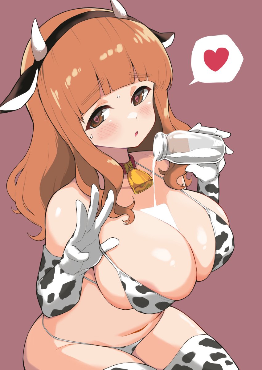 absurdres animal_ears animal_print areola_slip areolae bangs bell bikini black_hairband blunt_bangs blush bottle breasts check_commentary collar commentary_request cow_ears cow_horns cow_print cowbell elbow_gloves eyebrows_visible_through_hair fake_animal_ears fake_horns female female girls_und_panzer gloves hairband heart heart-shaped_pupils highres holding holding_bottle horns huge_breasts lifted_by_self long_hair looking_at_viewer milk milk_bottle navel orange_hair pouring pouring_onto_self print_bikini print_gloves print_legwear red_background red_collar simple_background solo spoken_heart strap_lift swimsuit symbol-shaped_pupils takebe_saori thighhighs white_bikini white_gloves white_legwear yabai_gorilla