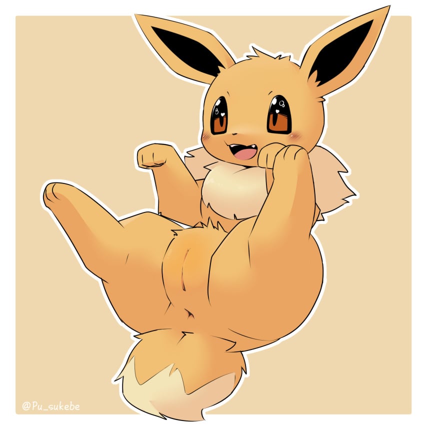 1:1 1boy 1girls 2019 3_toes anus blush brown_body brown_eyes brown_fur dipstick_tail eevee female feral fur furry heart heart-shaped_pupils hi_res multicolored_tail neck_tuft nintendo open_mouth pokémon_(species) pokemon pokemon_rgby pu_sukebe pussy simple_background solo tan_body tan_fur teeth text thick_thighs toes tuft video_games watermark wide_hips