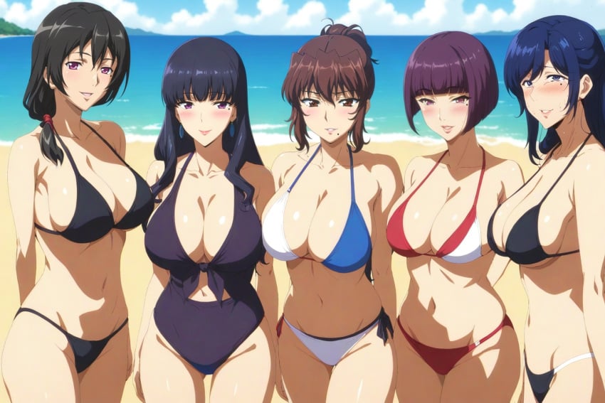 4girls 5girls bangs beauty_mark big_breasts bikini bikini_bottom bikini_top black_hair blue_eyes blue_hair blunt_bangs brown_eyes brown_hair busty cleavage crossover curvaceous curvy curvy_body curvy_female curvy_figure female female_focus female_only futei_with..._the_animation huge_breasts itsuki_shima kaori_sakaki katsuragi_aiko large_breasts long_hair looking_at_viewer mahouka_koukou_no_rettousei mature mature_female midriff miyama_kaori_(futei_with_the_animation) mole mole_under_eye mole_under_mouth multiple_girls navel one-piece_swimsuit parted_bangs pink_eyes ponytail purple_eyes purple_hair red_eyes revealing_swimsuit rin_x_sen_+_ran_-_sem_cross_mix sagging_breasts shikijou_kyoudan short_hair side_ponytail smile swimsuit taimanin_(series) take_your_pick upper_body wide_hips yotsuba_maya
