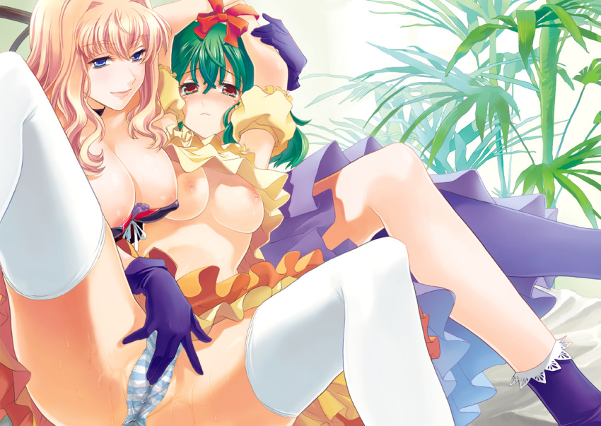 blonde_hair blue_eyes bound_hands bound_wrists breasts breasts_out brown_eyes clothing dress female femdom fingering gloves green_hair joe_sage large_breasts looking_at_viewer macross macross_frontier medium_breasts multiple_girls nipples panties panty_rub pussy_juice ranka_lee sage_joh sheryl_nome skirt stockings straight_hair striped striped_panties tears thighhighs underwear yuri