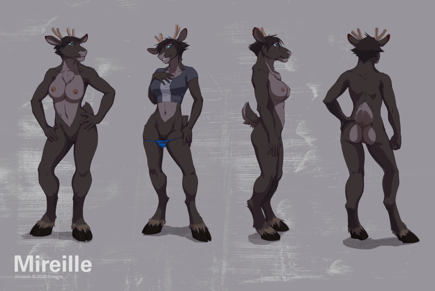 2013 absurd_res anthro antlers ass breasts caribou clothing female hi_res hooves horn mammal nipples non-human_areolae nude pussy shirt solo stoopix thong