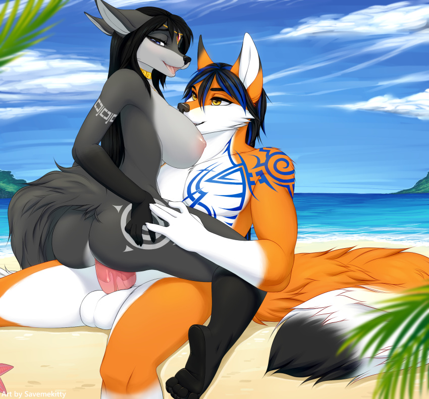 2018 alty ambiguous_penetration anthro ass bareback beach black_hair black_nose blue_hair breasts canine day detailed_background duo female forefox fox fur grey_fur hair male male_penetrating mammal nipples orange_fur outside penetration savemekitty seaside sex sky straight yellow_eyes