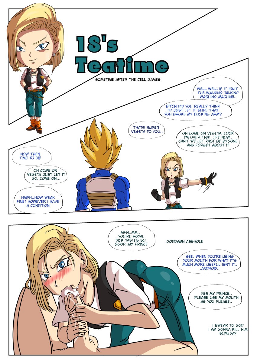 18s_teatime absurd_res android_18 blonde_hair blue_eyes blush cum cum_in_mouth cum_inside dragon_ball dragon_ball_z fellatio female male oral penis recreator2099 speech_bubble straight super_saiyan text vegeta