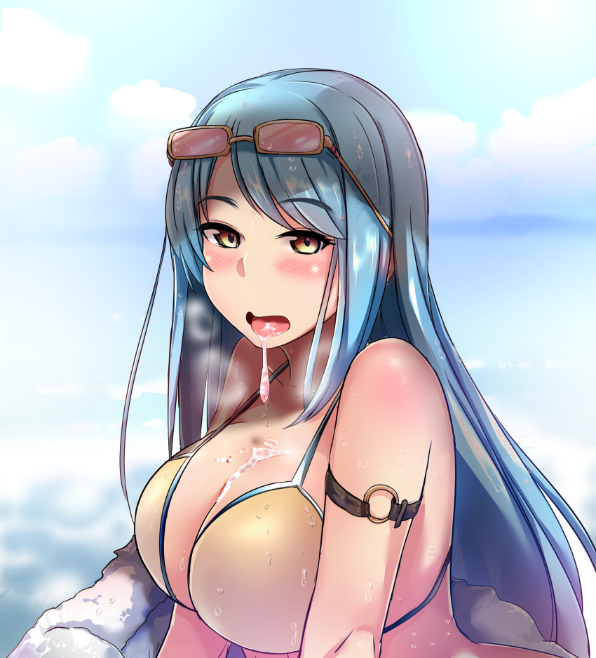 arm_belt bangs bikini_top blue_hair blush breasts breath cum cum_in_mouth cum_on_body cum_on_breasts cum_on_hair cum_on_tongue cum_on_upper_body cumdrip ear_blush eyebrows_visible_through_hair eyewear_on_head female girls'_frontline heavy_breathing highres large_breasts long_hair looking_at_viewer m249_saw_(girls'_frontline) nose_blush o-ring open_mouth saliva solo strap_gap sunglasses swept_bangs tongue tongue_out towel upper_body very_long_hair yellow_eyes yellowseeds