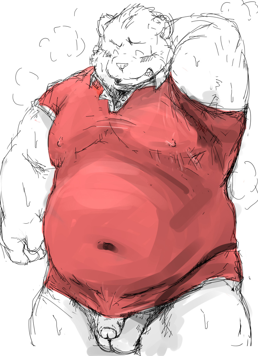 2014 barazoku bear blush clothed clothing flaccid hand_behind_head humanoid_penis kemono kotobuki male mammal muscular obese overweight partially_clothed penis polar_bear simple_background sketch solo steam sweat white_background