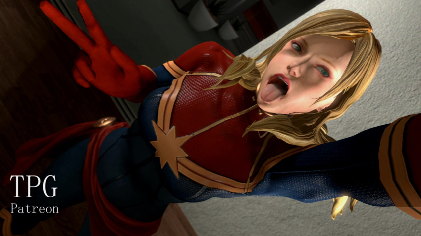 1girls 3d blonde_hair captain_marvel carol_danvers marvel mura_tpg open_mouth self_shot selfie solo tagme tongue_out