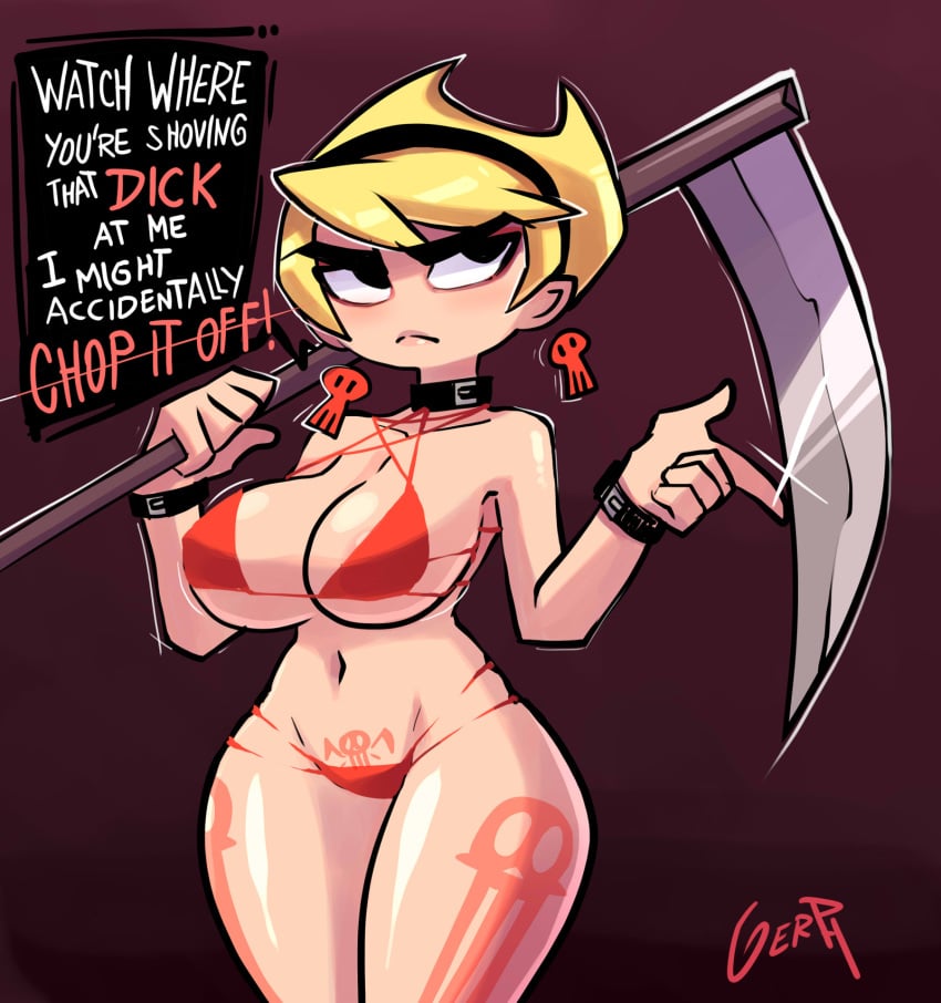 1girls abs aged_up alternate_breast_size alternate_outfit bikini blonde_hair clothing curvy female gerph goth huge_breasts human mandy mandy_(billy_and_mandy) neckwear pale_skin short_hair swimwear the_grim_adventures_of_billy_and_mandy weapon wide_hips wristwear