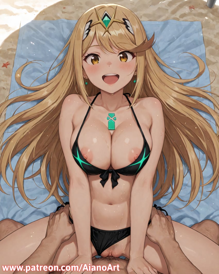 1boy 1girl ai_generated aianoart bikini bikini_bottom_aside black_bikini blonde_hair blush breasts clothing_aside collarbone hetero large_breasts long_hair looking_at_viewer lying missionary mythra mythra_(xenoblade) navel nipples on_back open_mouth penis pubic_hair pussy sex smile swimsuit tiara vaginal xenoblade_(series) yellow_eyes