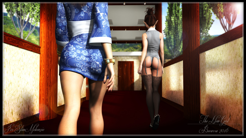 2girls 3d back_view bare_shoulders becarra bracelet brown_hair busty curvy dat_ass detailed_background english_text female female_only footwear garter garter_straps hair_bun high_heels hourglass_figure human indoors inside kimono legwear multiple_females multiple_girls nail_polish pointy_ears pose posing shadow sheena_nasri shiny shiny_skin short_hair stockings tabitha_(becarra) text thong tied_hair voluptuous walking wide_hips