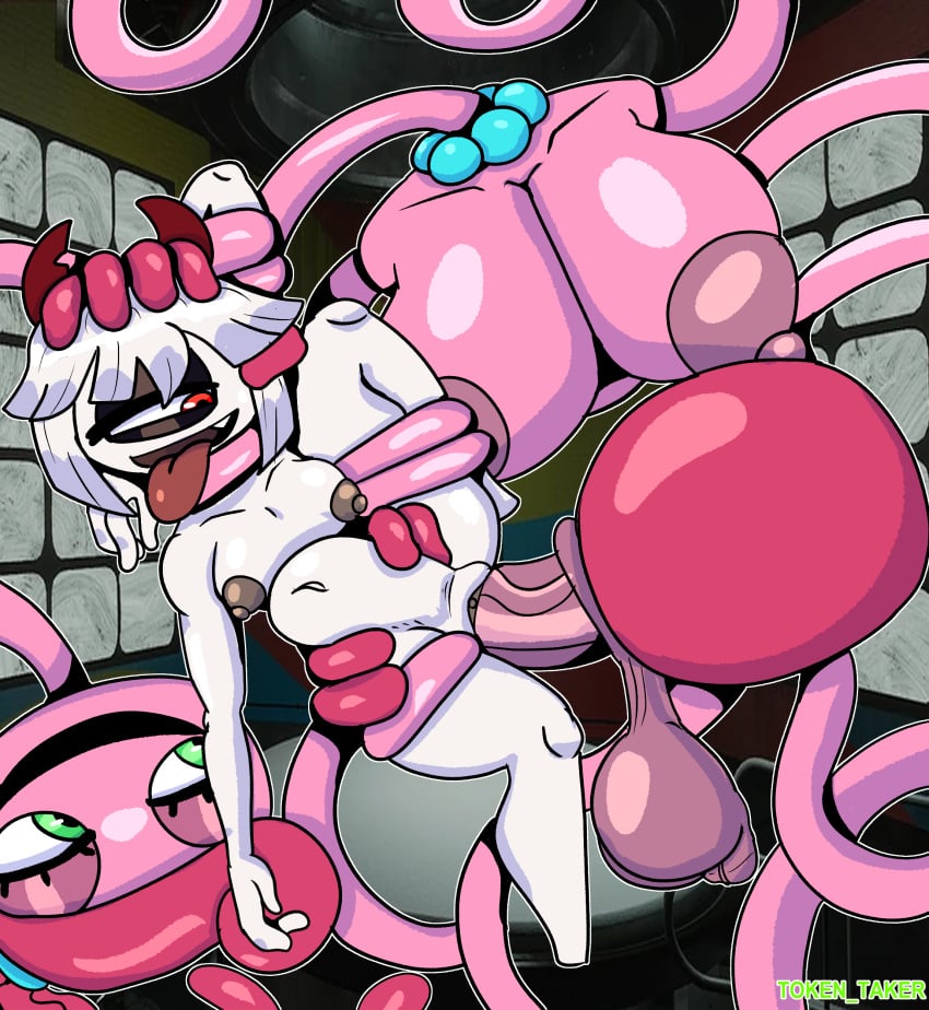 1_eye absurd_res animate_inanimate anthro arachnid arthropod balls big_breasts bodily_fluids breasts butt clothing cyclops demon digital_media_(artwork) duo erection eyelashes fan_character female genitals green_eyes hair herm herm/female hi_res horn humanoid imp intersex intersex/female intersex_penetrating living_toy male mammal mob_entertainment mommy_long_legs nipples not_furry nude open_mouth penetration penis pink_body pink_hair poppy_playtime sex simple_background smile spider teeth text token_taker vaginal vulva