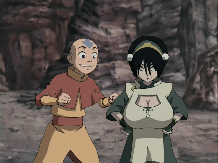 1boy 1girls aang air_nomad airbender_tattoo avatar_legends avatar_the_last_airbender big_breasts cleavage clothed clothing earth_kingdom edit female huge_breasts large_breasts male male/female poivoit screenshot screenshot_edit straight_hair the_avatar toph_bei_fong