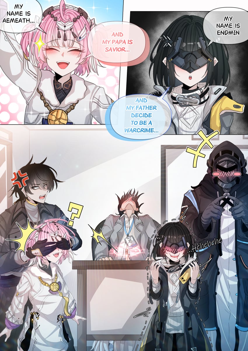 +++ 3boys 3girls ? ^^^ absurdres aemeath_(wuthering_waves) aemeath_(young)_(wuthering_waves) ahoge anger_vein arknights arknights:_endfield black_coat black_hair black_mask blindfold_mask blue_archive coat collared_jacket colored_speech_bubble commentary doctor_(arknights) dress endministrator_(arknights) english_commentary english_text father_and_child female_endministrator_(arknights) gloves grey_shirt hair_ornament halo highres hood hood_up hooded_coat implied_fellatio jacket long_sleeves male_rover_(wuthering_waves) mask multiple_boys multiple_girls nagisa_(blue_archive) nort_muhehehe open_clothes open_coat open_mouth parent_and_child pink_hair pink_halo rover_(wuthering_waves) sensei_(blue_archive) shirt short_hair smile speech_bubble sweater white_dress wuthering_waves