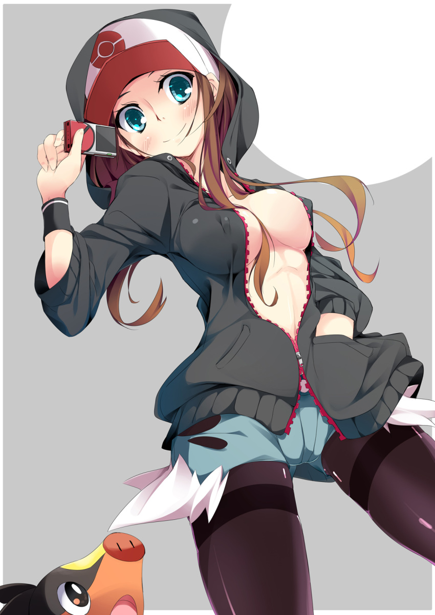 1girls black_legwear blue_eyes blush breasts brown_eyes brown_hair casual cleavage curvy denim_shorts eyelashes female female_only grey_background hand_in_pocket hat highres hilda_(pokemon) hood hoodie human jacket large_breasts legwear_under_shorts long_hair looking_at_viewer looking_down looking_up midriff nasudora navel nintendo nipple_bulge no_bra open_clothes open_jacket open_mouth open_shirt pantyhose pokedex pokemon pokemon_bw porcine shirt short_hair shorts sideboob simple_background size_difference sleeves_pushed_up smile solo standing sweatband tepig tongue unzipped white_border zipper