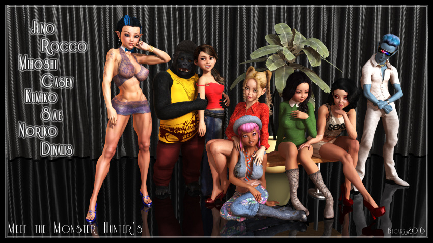 2boys 3d 6+girls 6girls abs alien alien_girl bare_shoulders barefoot becarra big_breasts black_eyes black_fur black_hair blue_hair blue_skin boots braces brown_eyes brown_hair busty cap casey_sullivan cleavage curvy dark-skinned_female dark_skin detailed_background english_text erect_nipple erect_nipples eyelashes eyeshadow female fishnet freckles front_view gorilla gray_eyes group high_heels hourglass_figure human humanoid indoors inside juno_k'lani kumiko_umeda long_hair looking_at_viewer lying makeup male midriff mihoshi_kurosawa miniskirt multicolored_hair multiple_boys multiple_females multiple_girls multiple_males noriko_shinozaki pants pink_hair pointy_ears ponytail pose posing reflection room sae_noguchi see-through shadow shiny shiny_skin shoes short_hair side_view sitting skirt small_breasts smiling standing tattoo text tied tied_hair twintails visor voluptuous wide_hips