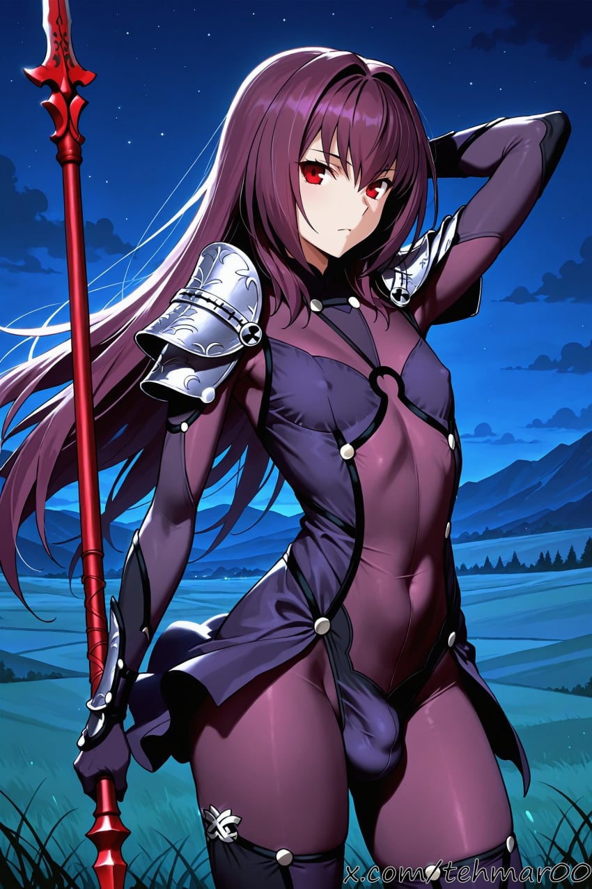 1boy ai_generated arm_up armor bodysuit bulge covered_navel covered_nipples fate/grand_order fate_(series) femboy gae_bolg_(fate) genderswap genderswap_(ftm) grass hair_intakes holding holding_weapon light-skinned_male long_hair looking_at_viewer male male_only mountain night night_sky outdoors pauldrons penis purple_bodysuit purple_hair red_eyes scathach_(fate) shoulder_armor sky solo spear standing tehmar thighhighs trans_woman transfem trap weapon