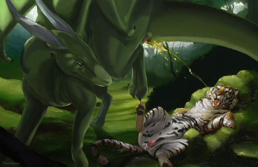 2009 balls detailed_background digital_painting_(artwork) dragon duo erection eye_contact feline female feral feral_on_feral forest green_body green_theme hi_res horn interspecies larger_female lying male mammal membranous_wings nature on_back outside peeing peeing_inside penis pussy raised_leg scalie scenery size_difference smaller_male spread_legs spreading standing straight tiger tree tryst_entangled urine urine_in_mouth watersports western_dragon wings wood