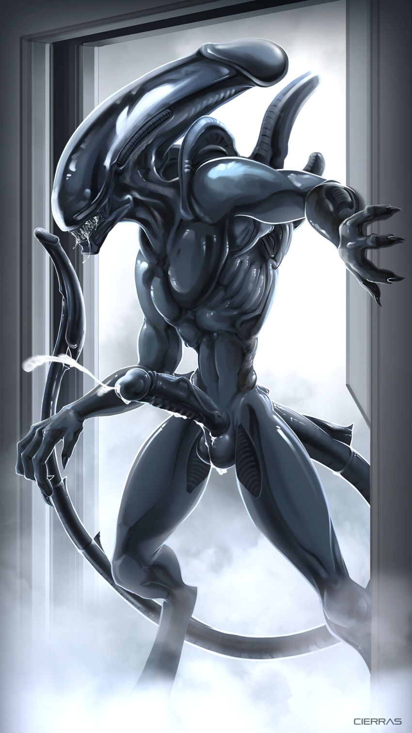 1boy 9:16 alien alien_(franchise) balls black_body black_skin bodily_fluids cierras cum cum_on_penis cumshot door doorway ejaculation fog genital_fluids genitals hi_res male male_only male_xenomorph penis saliva salivating solo xenomorph