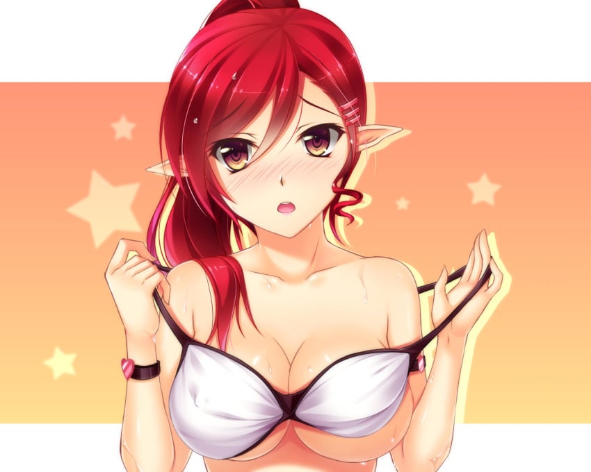 alternate_costume bikini_top blush breasts brown_eyes cleavage elf elsword ponytail red_hair rena_(elsword) tagme