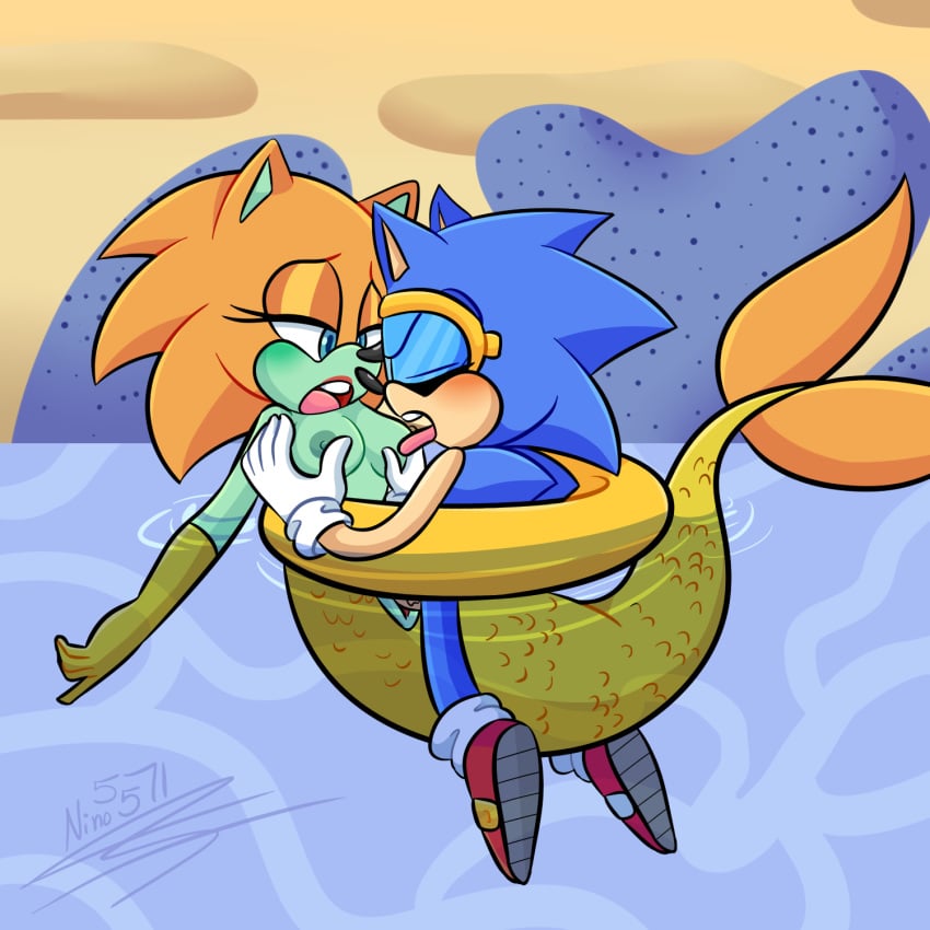 adventures_of_sonic_the_hedgehog anthro areolae artist_signature black_nose blue_eyes blue_fur blue_hair blush breast_hold breast_lick breasts classic_sonic closed_eyes duo female fish gloves green_skin hand_on_breast hedgehog holding interspecies licking male mammal marine medium_breasts mermaid merna_the_merhog nino5571 ninotrash nipples nude ocean orange_fur original penetration penis sea sega sex shoes sonic_(series) sonic_the_hedgehog straight swimming tail tongue tongue_out vaginal_penetration water white_gloves