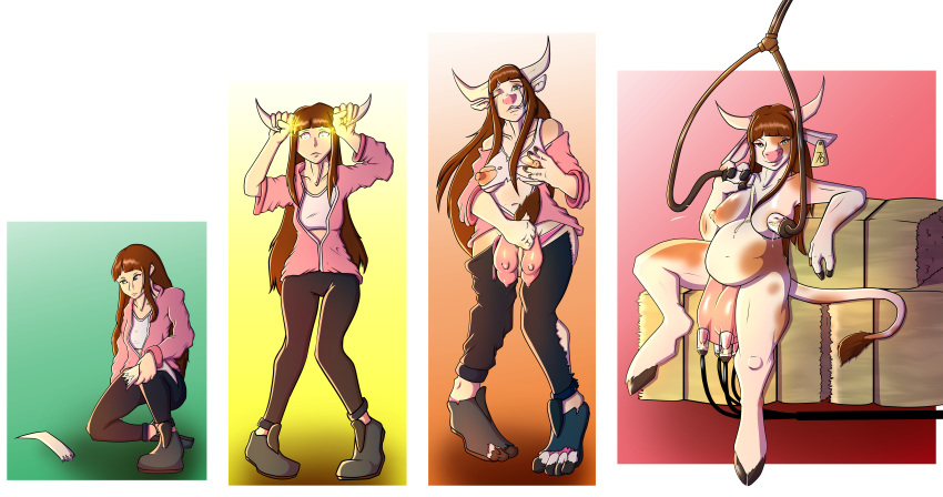 2017 anthro big_breasts biobasher bovine breast_expansion breast_milking breasts brown_hair cattle clothed clothing comic ear_tag female footwear hair hooves horn human human_to_anthro lactation long_hair looking_at_viewer machine mammal milk milking_machine nipples nude pants pigeon_toed sequence shoes simple_background sitting slightly_chubby smile solo standing story story_in_description surprise tail_growth teats torn_clothing transformation udders