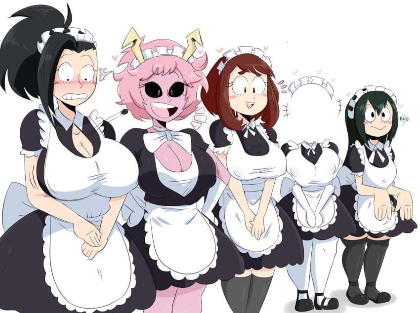 5girls :> adult_swim apron big_breasts black_sclera blank_background blush blushing breast_suppress breasts bursting_breasts busty cleavage clothed clothed_female comparison embarrassed excited faceless_female female female_focus female_only fully_clothed hagakure_tooru_(invisible) hand_on_hips height_difference huge_breasts invisible jinu large_breasts lineup maid maid_apron maid_headdress maid_uniform mina_ashido momo_yaoyorozu multiple_girls my_hero_academia nervous nipple_bulge ochako_uraraka photo pink_hair pink_skin shy simple_background size_comparison smaller_female smile sound_effects toonami tooru_hagakure tooru_hagakure_(invisible) tsuyu_asui wardrobe_malfunction white_background