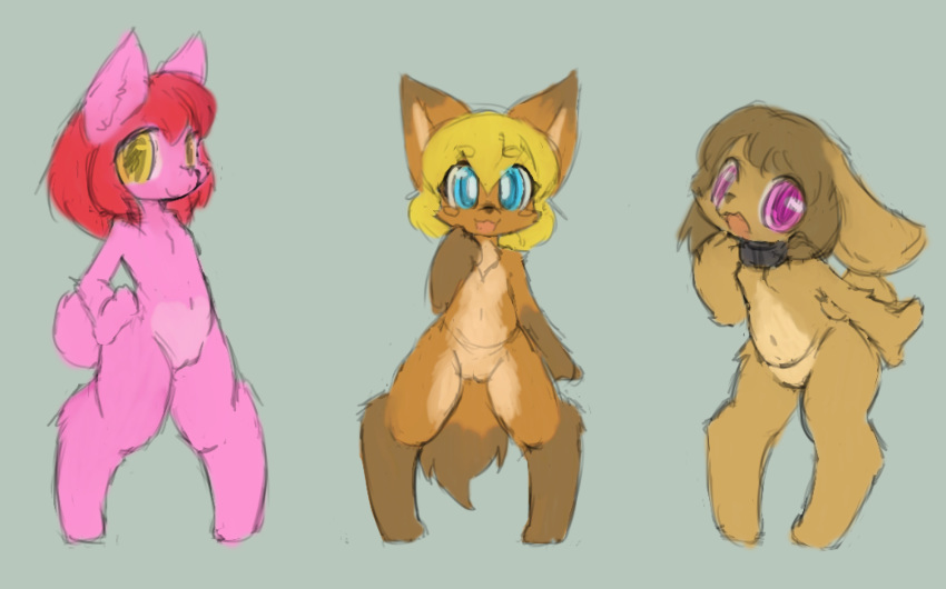 anthro blue_eyes canine collar female fox group looking_at_viewer mammal open_mouth purple_eyes pussy simple_background smile sorrynothing spread_legs spreading standing yellow_eyes