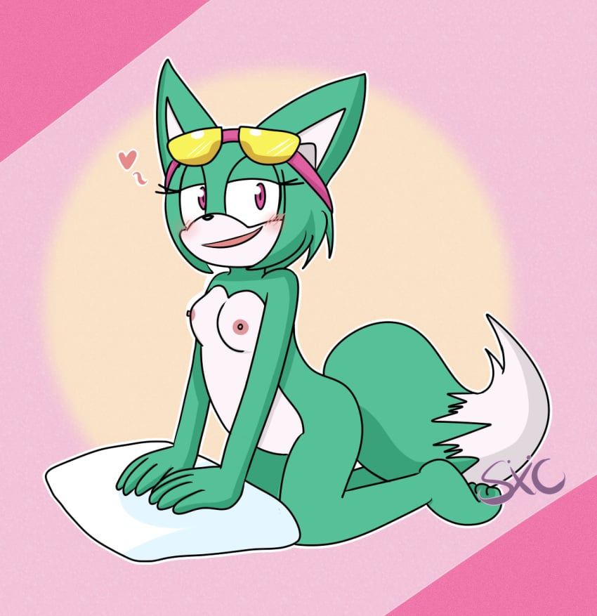 abstract_background anthro archie_comics barefoot blush breasts canine feet female female_only fennec fox fox_tail glasses green_fur heart humanoid_feet kneeling nipples nude pink_eyes pose posing seductive sega shy silverzure simple_background small_breasts smile solo sonar_the_fennec sonic_(series) sonic_the_hedgehog_(archie) sonic_the_hedgehog_(comics) tail teasing toes