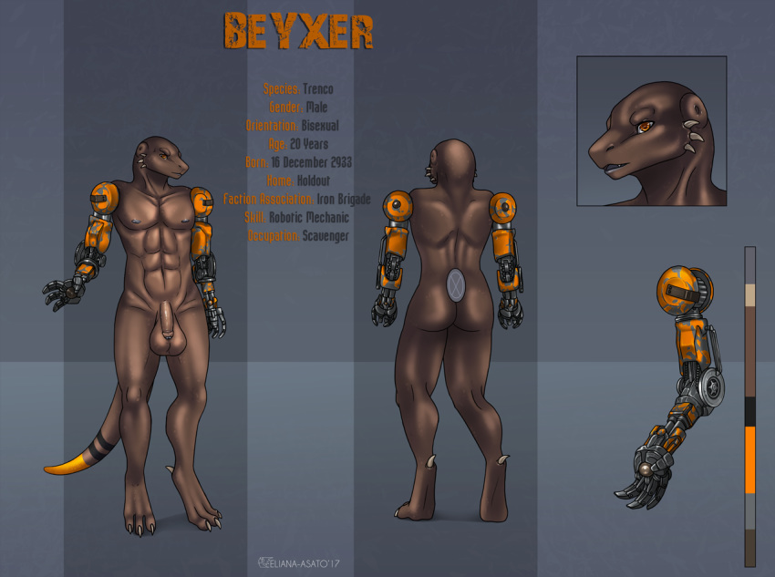 2017 balls beyxer_(beyxer) big_balls brown_scales eliana-asato humanoid_penis male mechanical_arms model_sheet nipples nude orange_eyes penis scales trenco