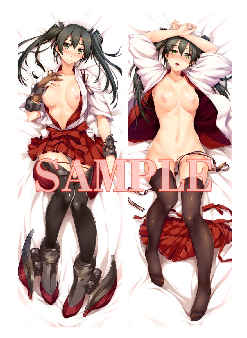 ankle_wings bed_sheet black_hair blush breasts brown_gloves eyebrows_visible_through_hair female gloves gluteal_fold green_eyes hair_ribbon hakama hakama_skirt highres kantai_collection long_hair looking_at_viewer multiple_views navel nipples open_clothes ouma_tokiichi parted_lips partly_fingerless_gloves pleated_skirt pussy_juice red_skirt ribbon saliva sample skirt small_breasts thighhighs twintails zuikaku_(kantai_collection)