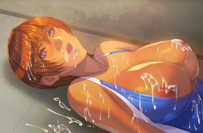 after_sex cum cum_on_breasts cum_on_hair cum_on_upper_body facial female homare_(fool's_art) short_hair solo swimsuit