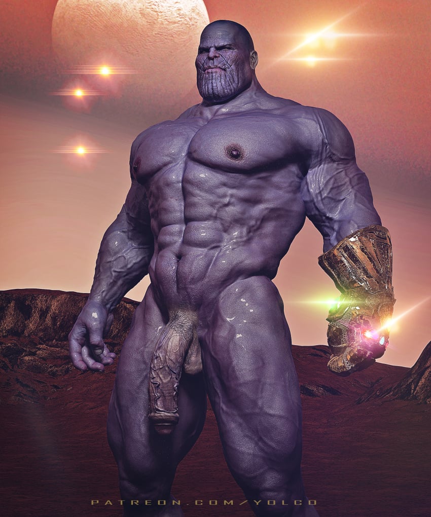 1boy 3d alien avengers bald bald_man flaccid humanoid infinity_gauntlet male male_only marvel marvel_cinematic_universe mature mature_male muscular muscular_male nude purple-skinned_male purple_skin thanos veiny_penis yaoi yolco