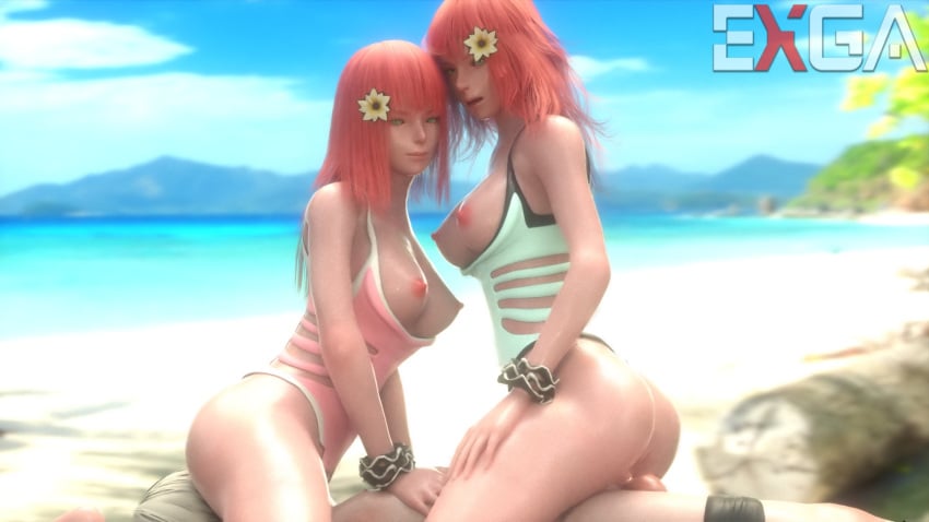 1boy 2girls 3d android ass beach big_ass big_breasts big_butt bikini blender breasts clothed clothed_sex clothes clothing cowgirl_position devola exga facesitting milf nier nier:_automata penetration penis popola red_hair reverse_spitroast summer swimsuit twins vaginal_penetration yorha_9s