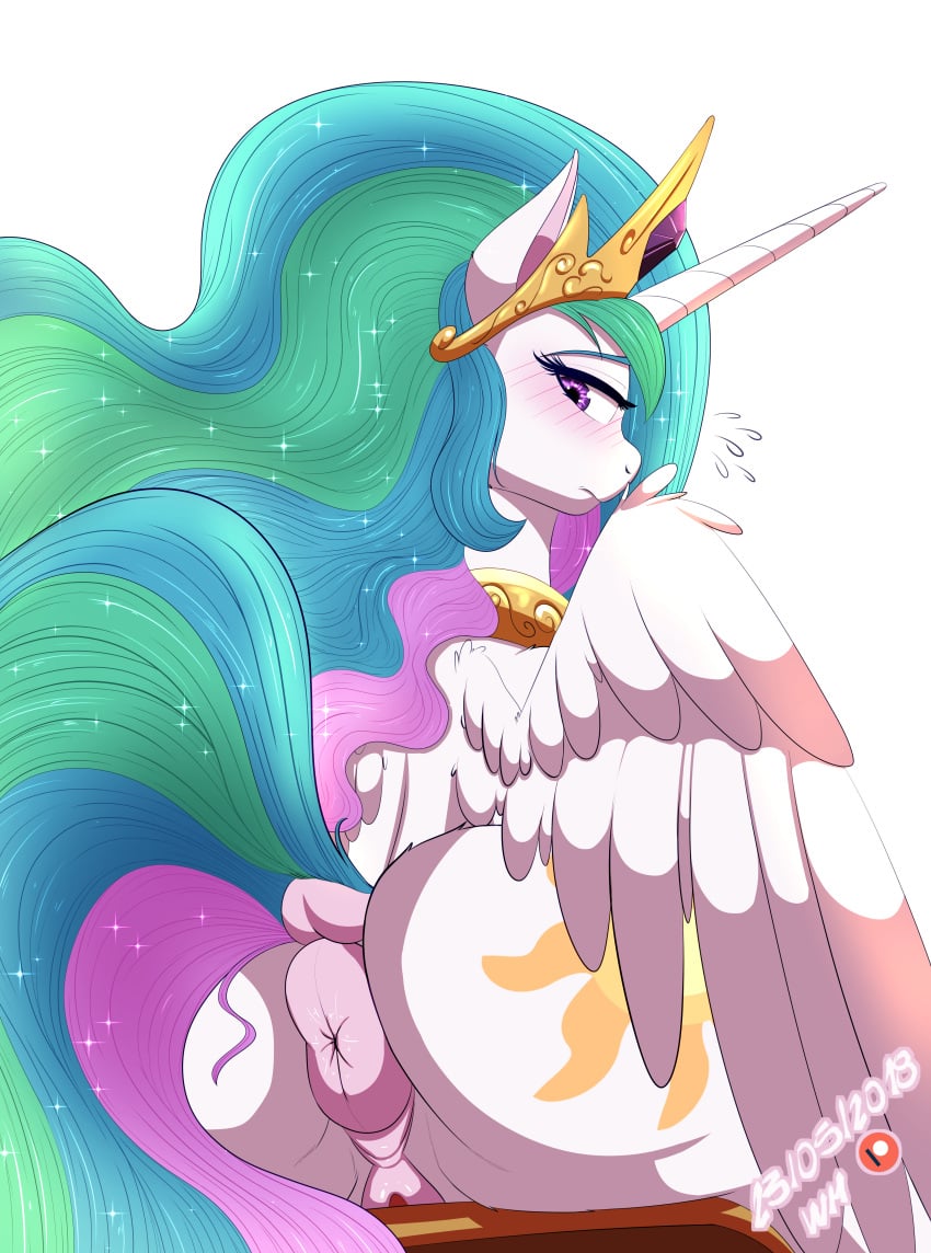 2018 absurd_res alicorn anus ass blush cutie_mark digital_media_(artwork) dock equine eyelashes feathered_wings feathers female friendship_is_magic hair hi_res horn long_hair looking_at_viewer looking_back mammal multicolored_hair multicolored_tail my_little_pony patreon princess_celestia_(mlp) puffy_anus purple_eyes pussy simple_background sitting solo white_background white_feathers wings wolfmask